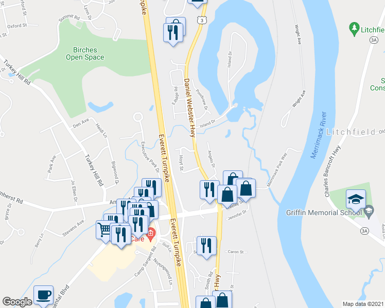 map of restaurants, bars, coffee shops, grocery stores, and more near 326 Daniel Webster Highway in Merrimack