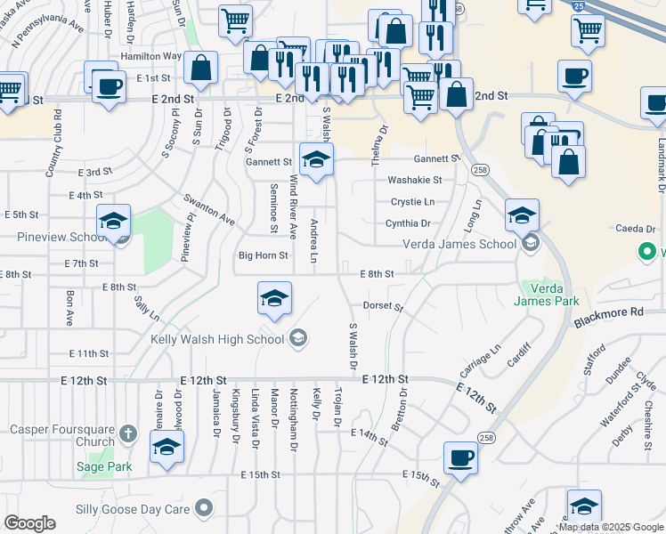 map of restaurants, bars, coffee shops, grocery stores, and more near 750 South Walsh Drive in Casper