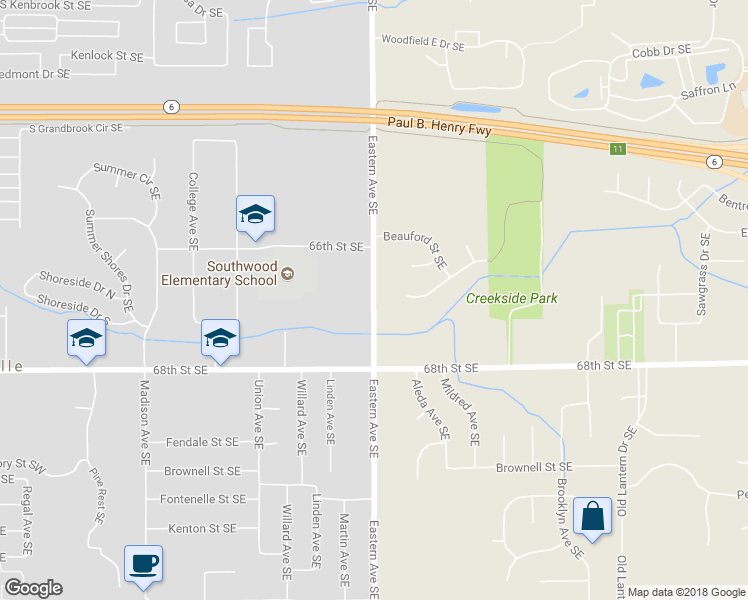map of restaurants, bars, coffee shops, grocery stores, and more near 6682 Eastern Avenue Southeast in Grand Rapids