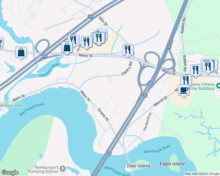 map of restaurants, bars, coffee shops, grocery stores, and more near 7 Birchwood Pointe in Amesbury