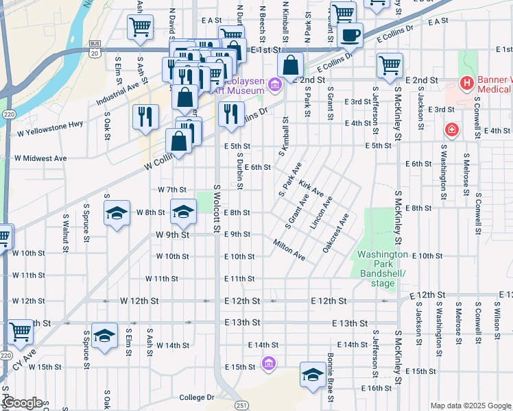 map of restaurants, bars, coffee shops, grocery stores, and more near 736 South Beech Street in Casper