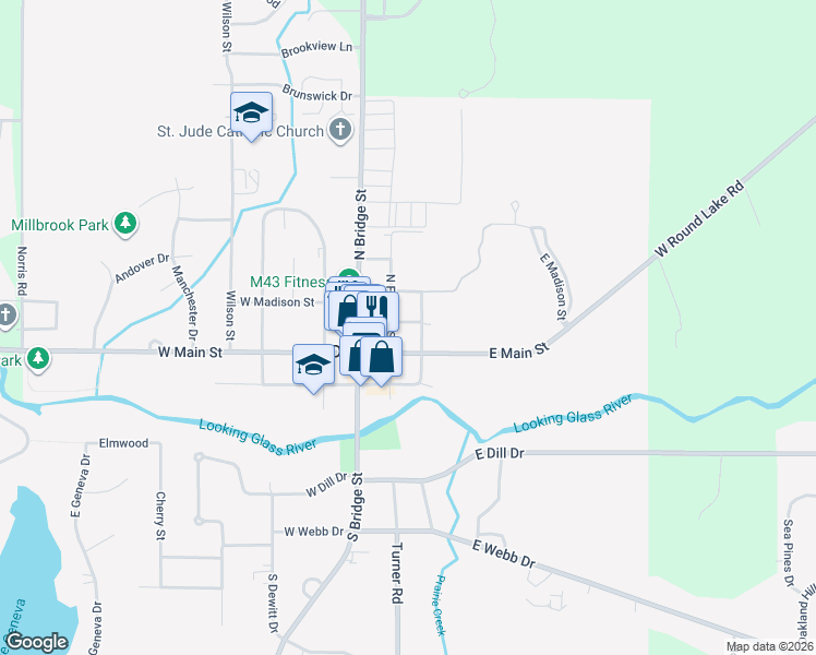map of restaurants, bars, coffee shops, grocery stores, and more near 210 East Jefferson Street in DeWitt
