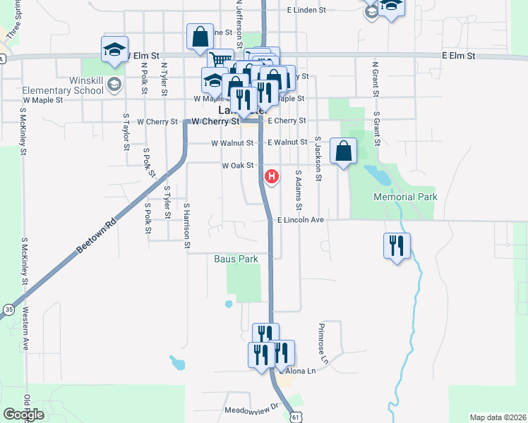 map of restaurants, bars, coffee shops, grocery stores, and more near 611 South Madison Street in Lancaster