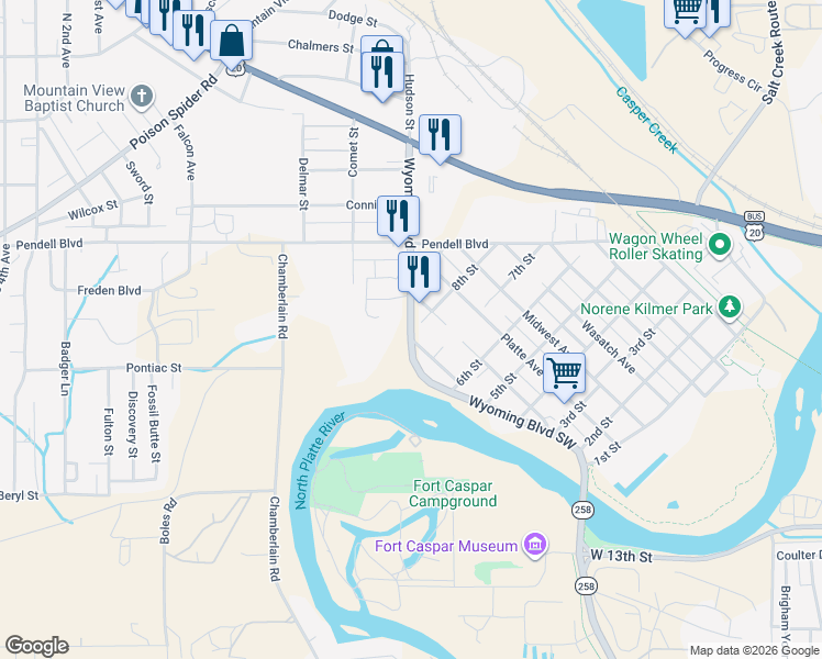 map of restaurants, bars, coffee shops, grocery stores, and more near 798 Wyoming Boulevard Southwest in Mills
