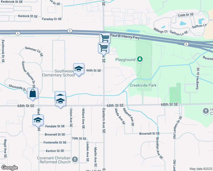 map of restaurants, bars, coffee shops, grocery stores, and more near 6680 Eastern Avenue Southeast in Grand Rapids