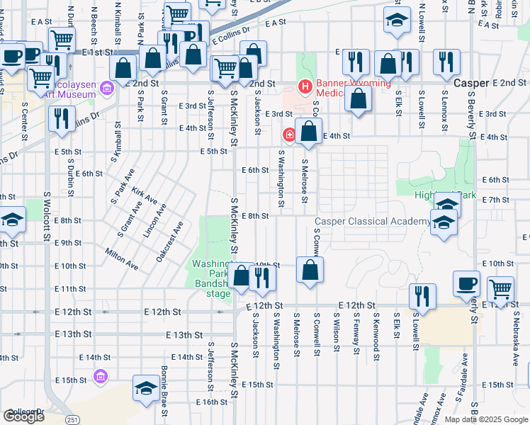 map of restaurants, bars, coffee shops, grocery stores, and more near 745 South Jackson Street in Casper