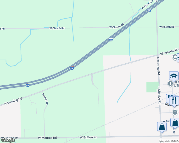 map of restaurants, bars, coffee shops, grocery stores, and more near 1675 East Lansing Road in Morrice