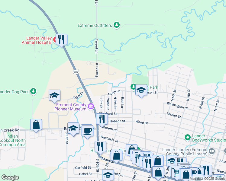 map of restaurants, bars, coffee shops, grocery stores, and more near 920 North Lane in Lander