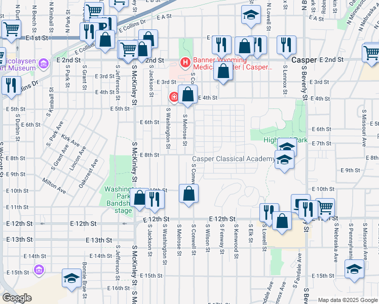 map of restaurants, bars, coffee shops, grocery stores, and more near 1326 East 8th Street in Casper