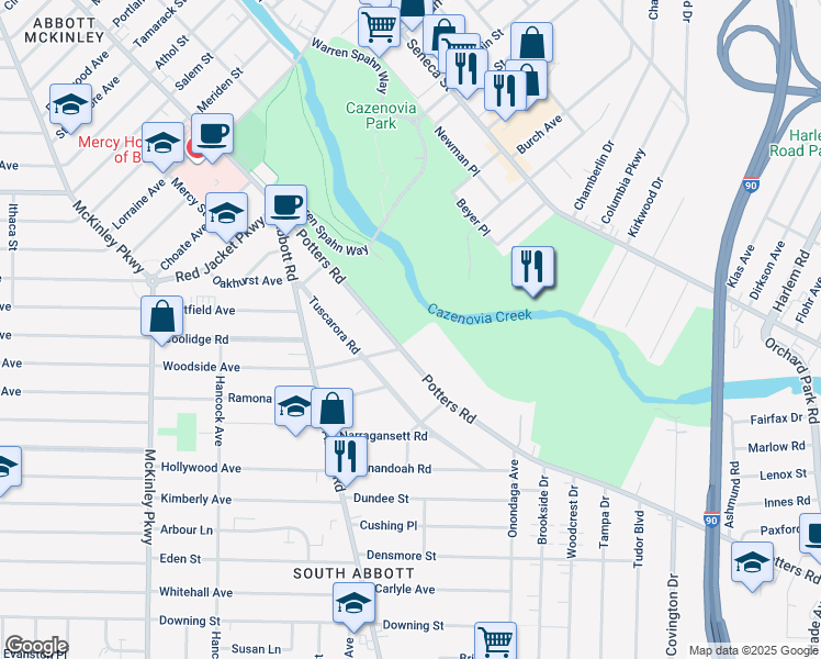 map of restaurants, bars, coffee shops, grocery stores, and more near 198 Potters Road in Buffalo