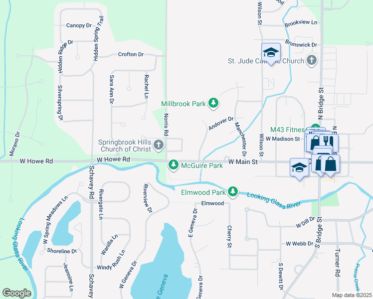 map of restaurants, bars, coffee shops, grocery stores, and more near 200 East Chimney Hill Drive in DeWitt