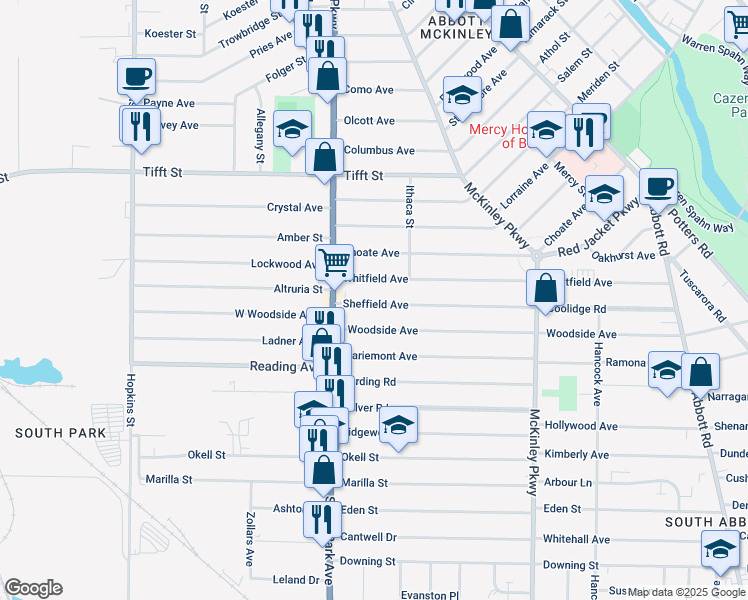 map of restaurants, bars, coffee shops, grocery stores, and more near 46 Sheffield Avenue in Buffalo