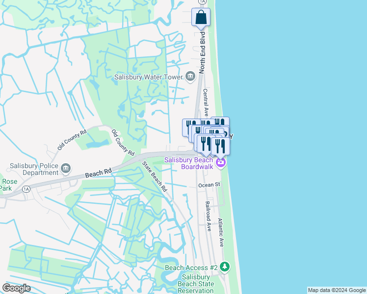 map of restaurants, bars, coffee shops, grocery stores, and more near 233 Beach Road in Salisbury