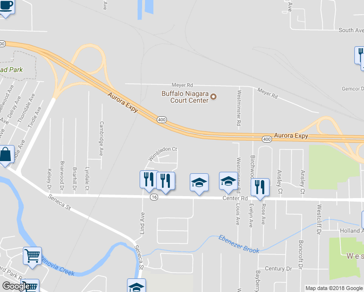 map of restaurants, bars, coffee shops, grocery stores, and more near 329 Wimbledon Court in West Seneca