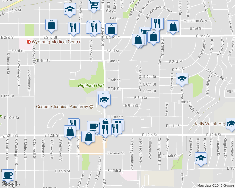 map of restaurants, bars, coffee shops, grocery stores, and more near 2328 East 8th Street in Casper