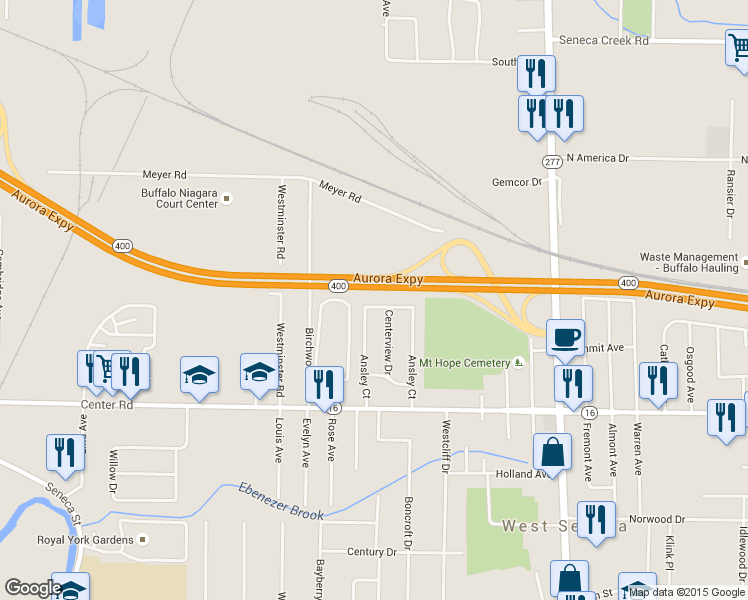 map of restaurants, bars, coffee shops, grocery stores, and more near 126 Ansley Court in Buffalo