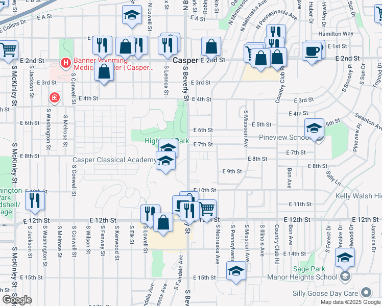 map of restaurants, bars, coffee shops, grocery stores, and more near 757 South Beverly Street in Casper