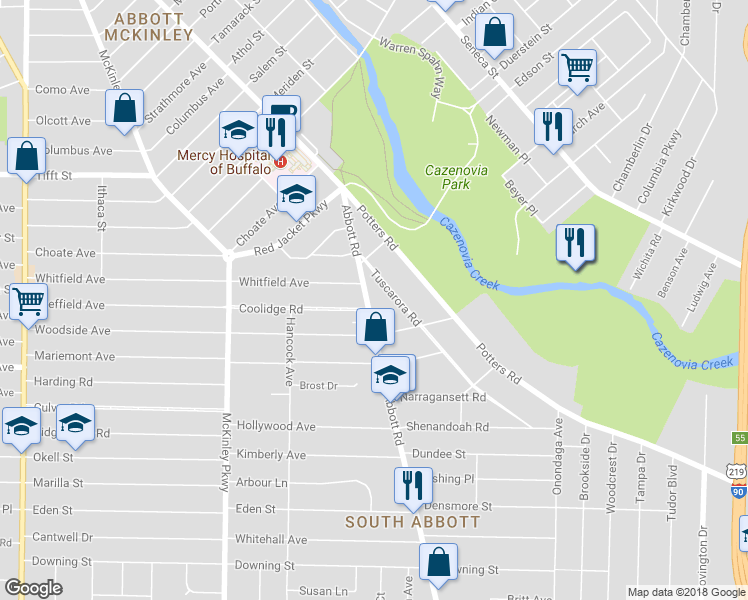 map of restaurants, bars, coffee shops, grocery stores, and more near 784 Abbott Road in Buffalo