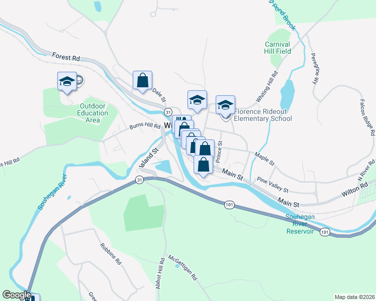 map of restaurants, bars, coffee shops, grocery stores, and more near 65 Main Street in Wilton