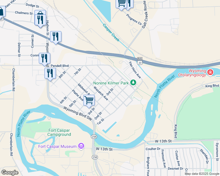 map of restaurants, bars, coffee shops, grocery stores, and more near 322 Riverview Avenue in Casper