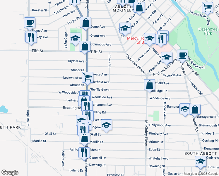 map of restaurants, bars, coffee shops, grocery stores, and more near 84 Sheffield Avenue in Buffalo