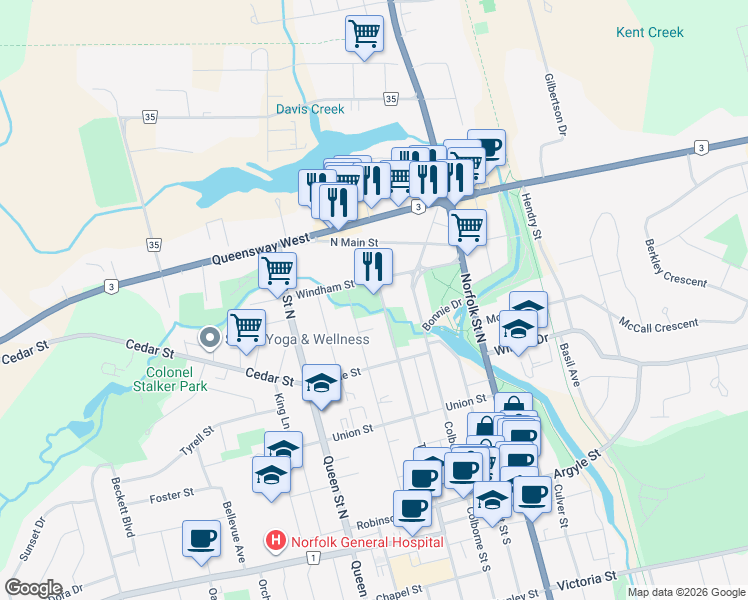 map of restaurants, bars, coffee shops, grocery stores, and more near 300 Talbot Street North in Simcoe