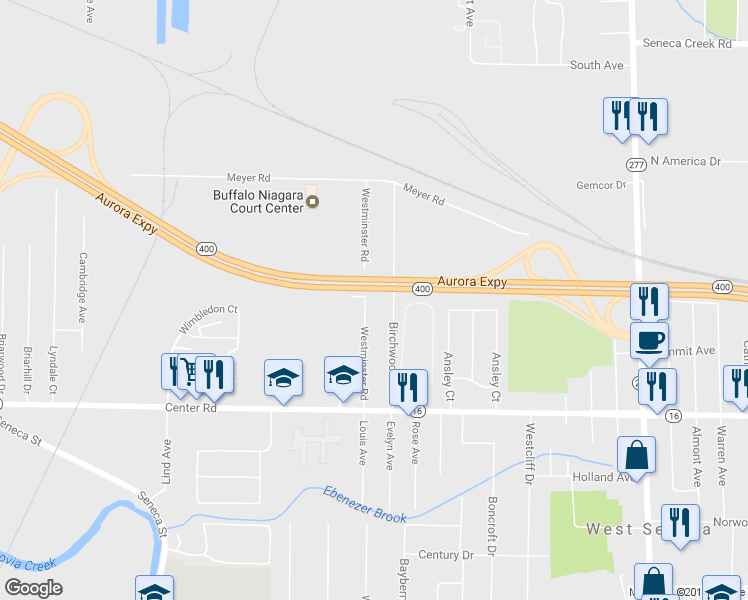 map of restaurants, bars, coffee shops, grocery stores, and more near 123 Westminster Road in Buffalo