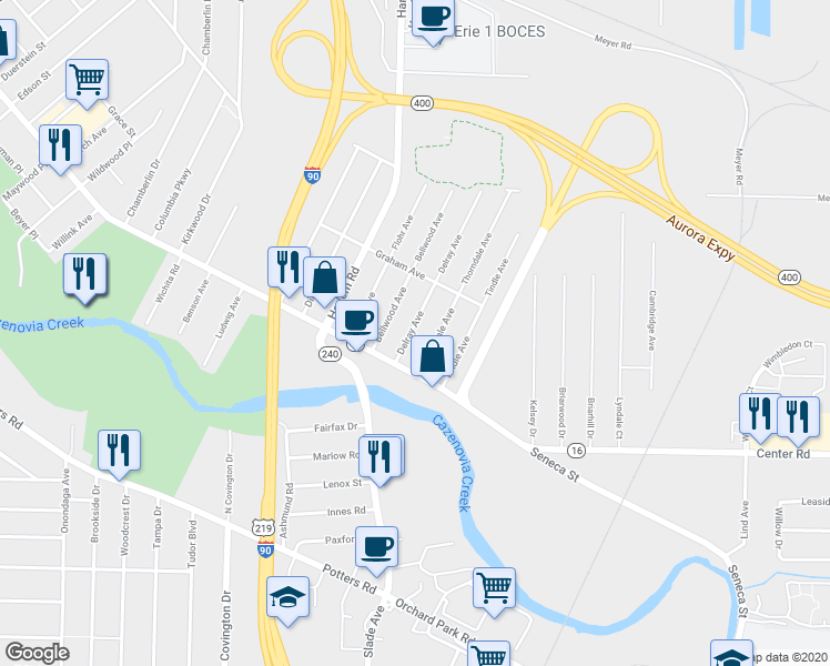map of restaurants, bars, coffee shops, grocery stores, and more near 35 Delray Avenue in Buffalo