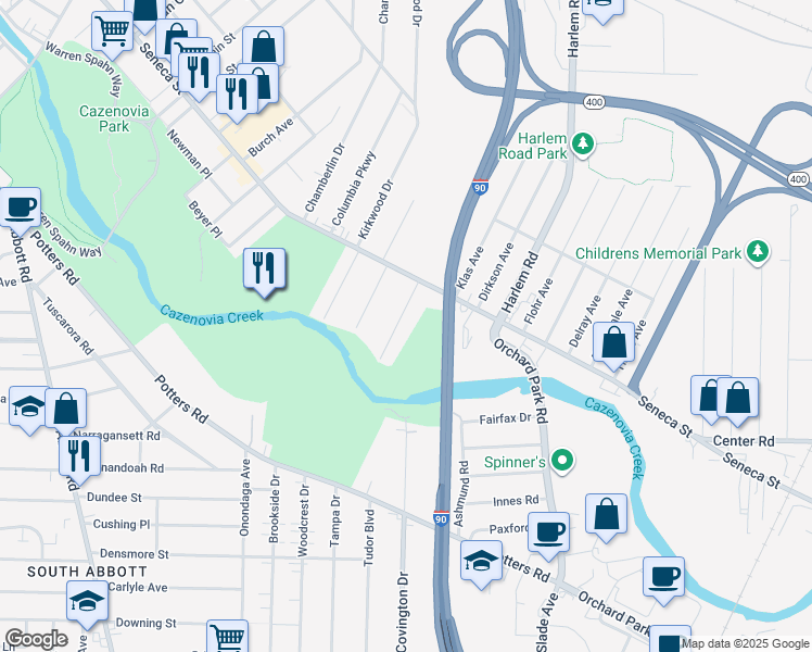 map of restaurants, bars, coffee shops, grocery stores, and more near 58 Ludwig Avenue in West Seneca