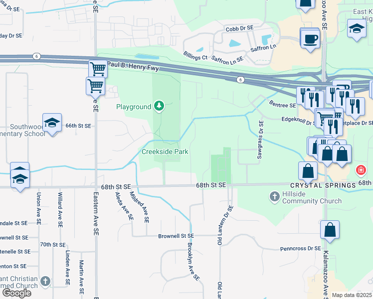 map of restaurants, bars, coffee shops, grocery stores, and more near 6671 Creekside View Drive Southeast in Grand Rapids