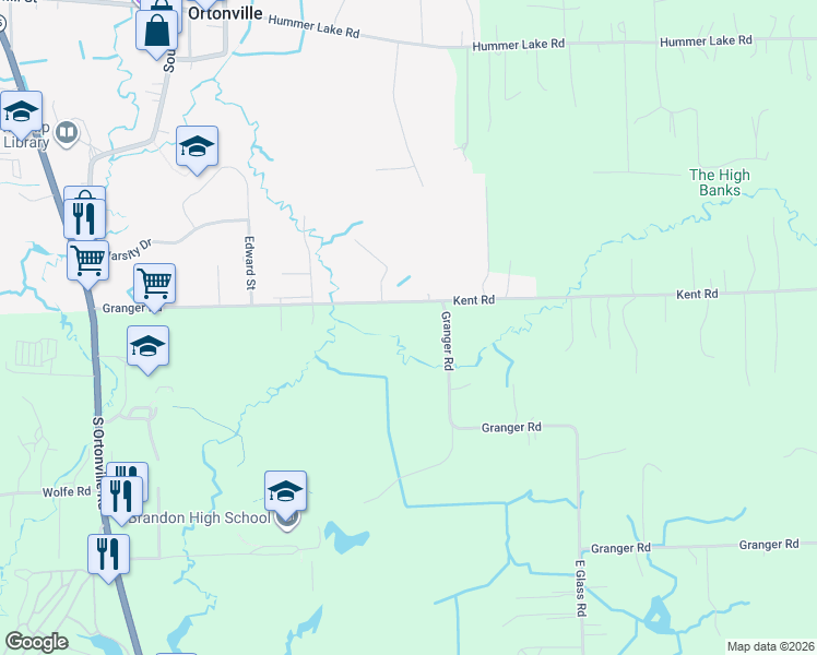 map of restaurants, bars, coffee shops, grocery stores, and more near 530 Granger Road in Ortonville