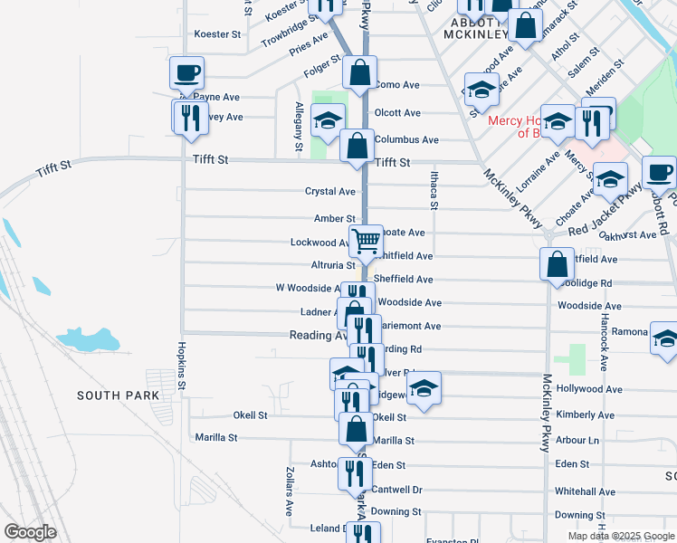 map of restaurants, bars, coffee shops, grocery stores, and more near 183 Altruria Street in Buffalo