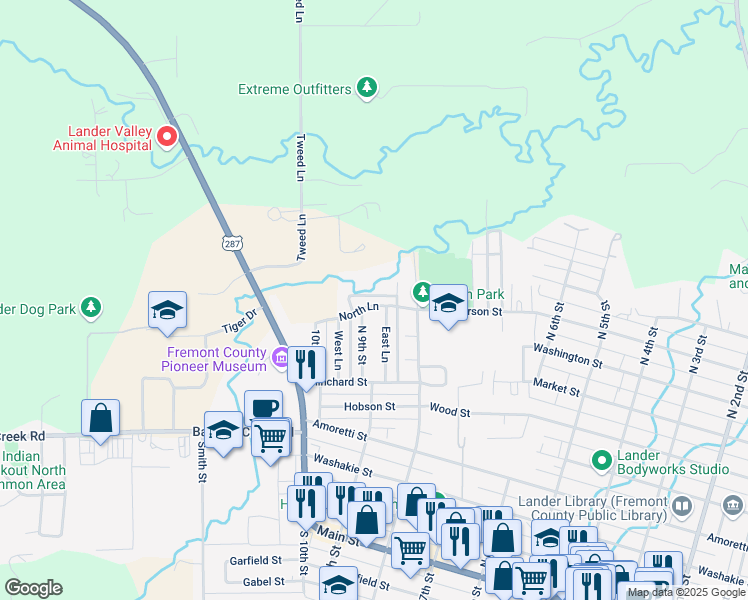 map of restaurants, bars, coffee shops, grocery stores, and more near 920 North Ln in Lander