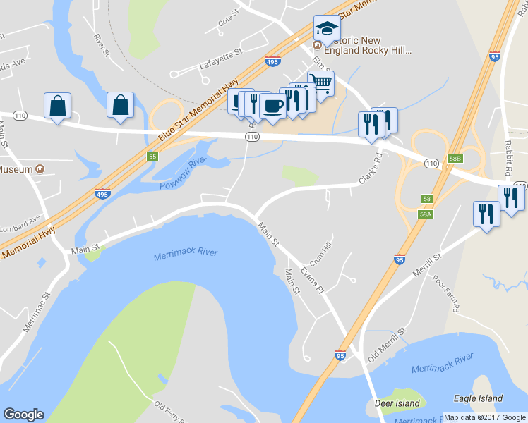 map of restaurants, bars, coffee shops, grocery stores, and more near 1 Clark's Road in Amesbury
