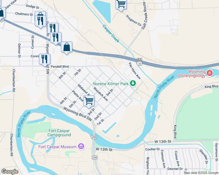 map of restaurants, bars, coffee shops, grocery stores, and more near 322 Riverview Avenue in Casper