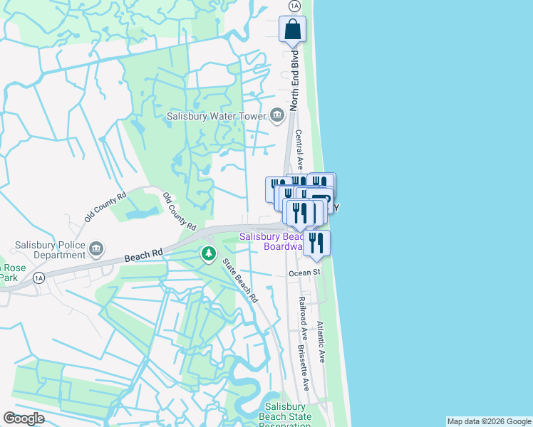 map of restaurants, bars, coffee shops, grocery stores, and more near 233 Beach Road in Salisbury