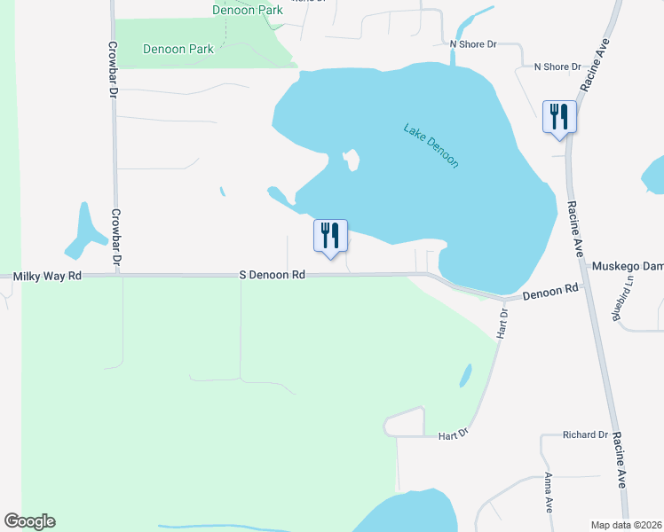 map of restaurants, bars, coffee shops, grocery stores, and more near S110W20770 South Denoon Road in Muskego