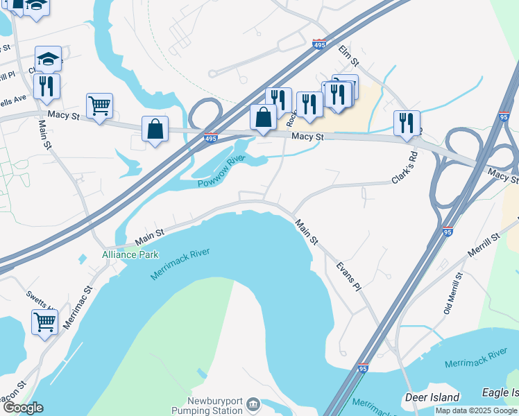 map of restaurants, bars, coffee shops, grocery stores, and more near 425 Main Street in Amesbury