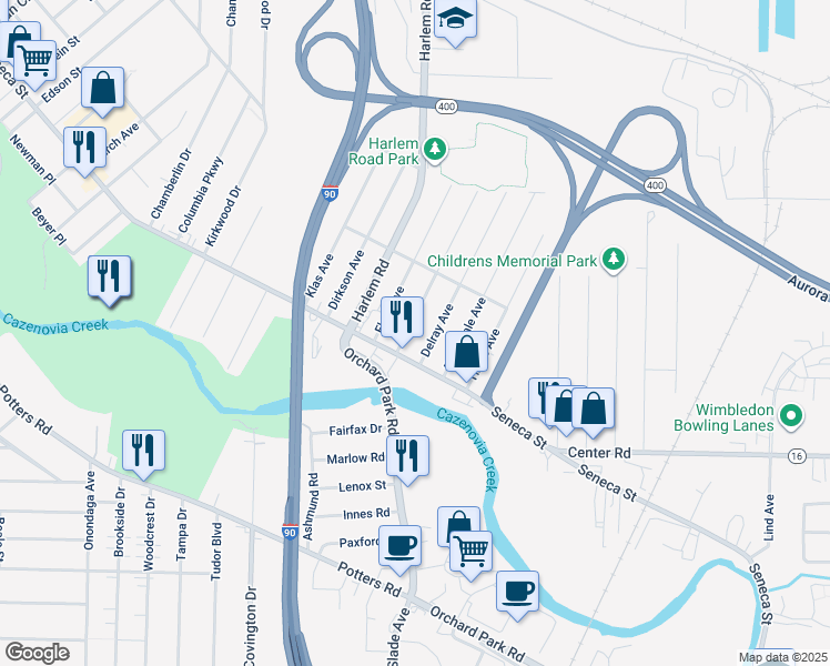 map of restaurants, bars, coffee shops, grocery stores, and more near 2806 Seneca Street in Buffalo