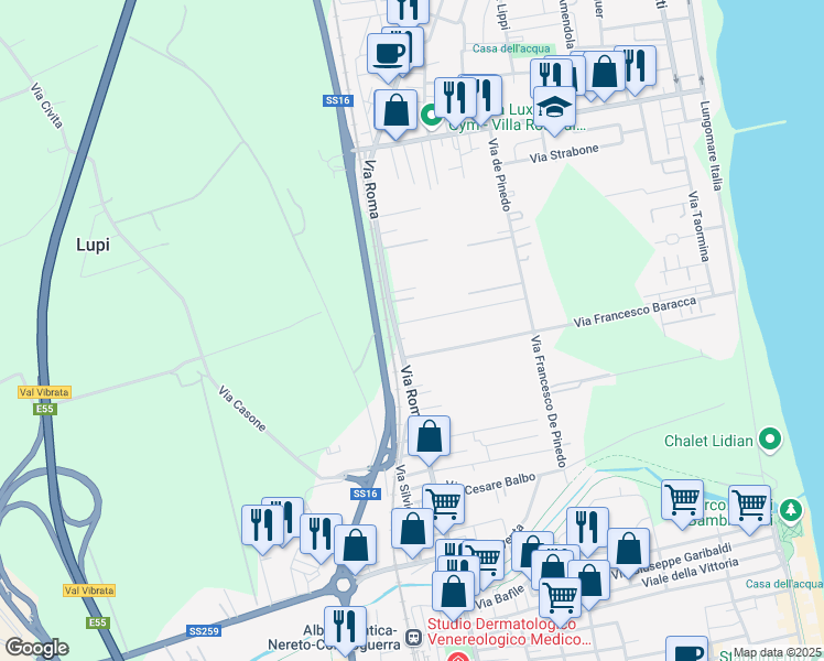 map of restaurants, bars, coffee shops, grocery stores, and more near 681 Via Roma in Martinsicuro