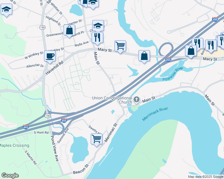 map of restaurants, bars, coffee shops, grocery stores, and more near 295 Main Street in Amesbury
