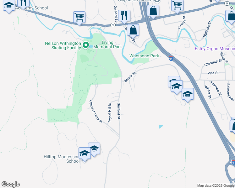 map of restaurants, bars, coffee shops, grocery stores, and more near 269 Guilford Street in West Brattleboro