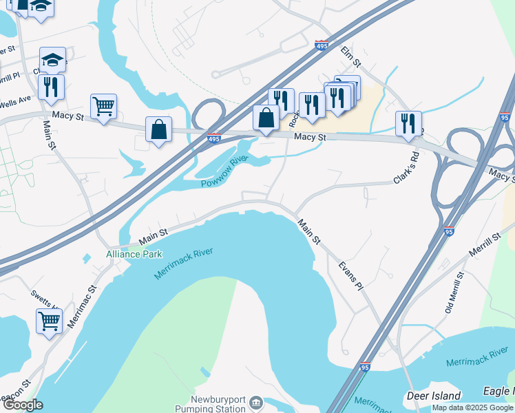 map of restaurants, bars, coffee shops, grocery stores, and more near 425 Main Street in Amesbury