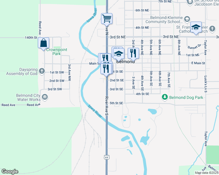 map of restaurants, bars, coffee shops, grocery stores, and more near 403 River Avenue South in Belmond