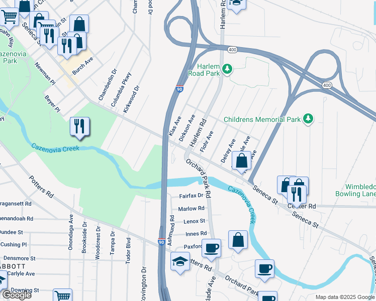 map of restaurants, bars, coffee shops, grocery stores, and more near Harlem Road & Seneca Street in West Seneca
