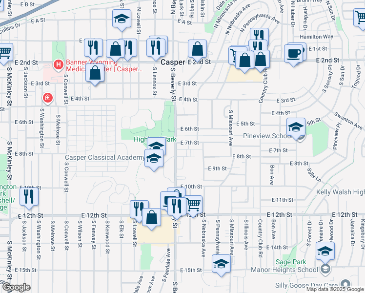 map of restaurants, bars, coffee shops, grocery stores, and more near 757 South Beverly Street in Casper