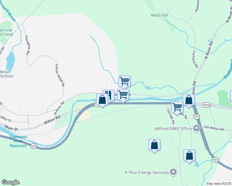 map of restaurants, bars, coffee shops, grocery stores, and more near 755 North River Road in Milford