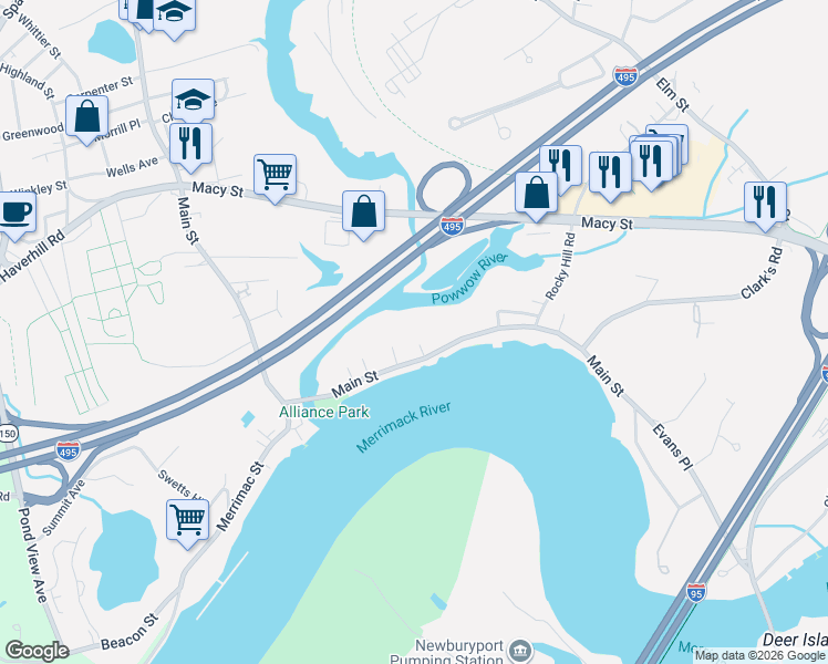 map of restaurants, bars, coffee shops, grocery stores, and more near 3 Laurel Place in Amesbury
