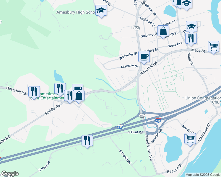 map of restaurants, bars, coffee shops, grocery stores, and more near 39 Haverhill Road in Amesbury