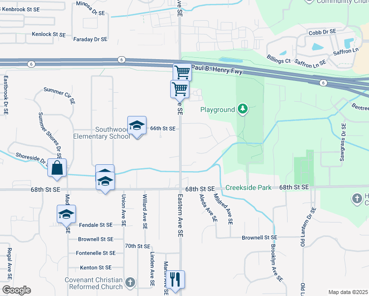 map of restaurants, bars, coffee shops, grocery stores, and more near 6650 Eastern Avenue Southeast in Grand Rapids